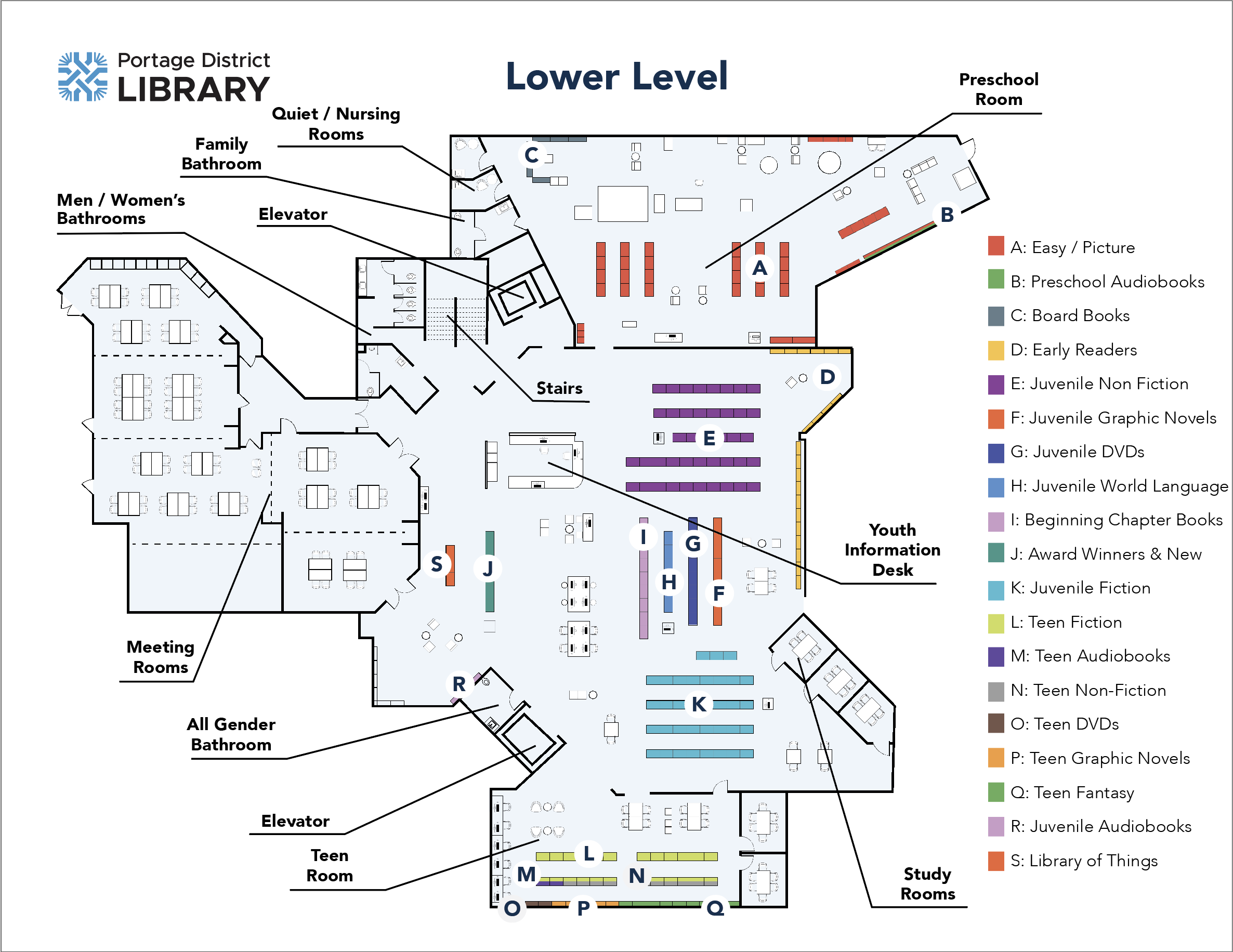 map of the lower level of the library